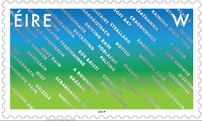 New stamps with design features the blue sky and green fields which typify the Irish landscape, with sheeting rain a key element of the scene