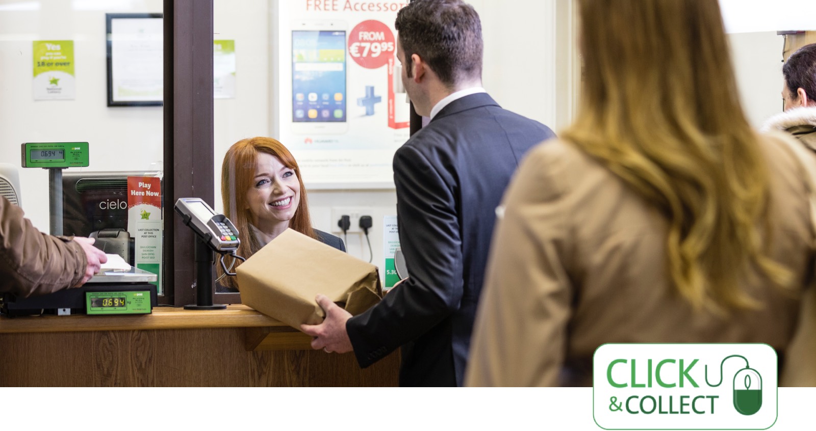 Photo of man returning a parcel at a post office with a click and collect logo