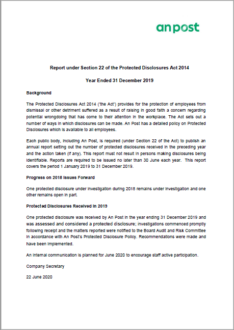 An Post Annual Protected Disclosures Act Report 2019 Cover