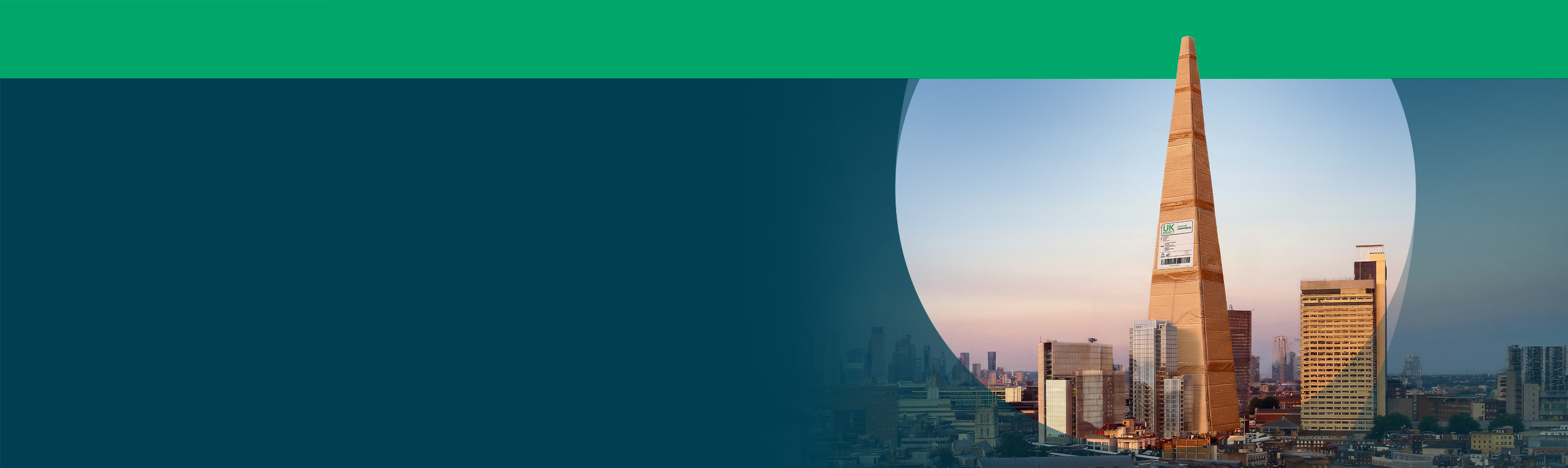 An Post Commerce connecting Irish businesses to the UK and worldwide markets, represented by a landmark city skyline and cross-border delivery focus.