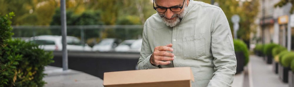 Person opening a product sample package, illustrating direct mail product sampling and customer engagement