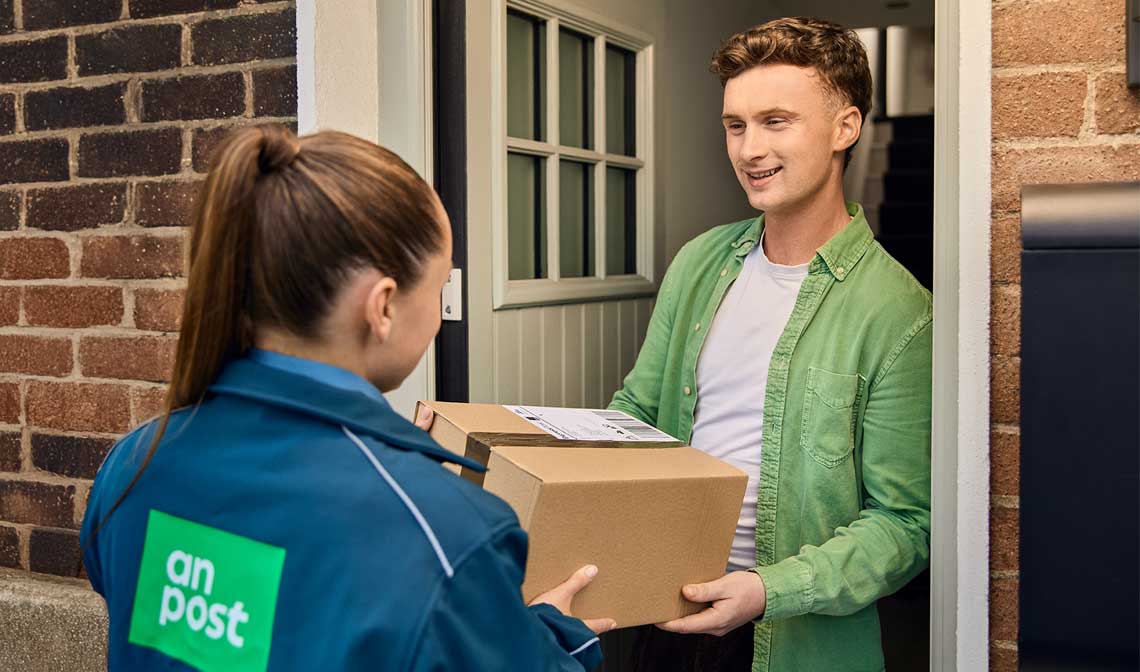 An Post Commerce Large Enterprise Click & Post service, showing parcel delivery that helps businesses save time by buying and printing labels online.