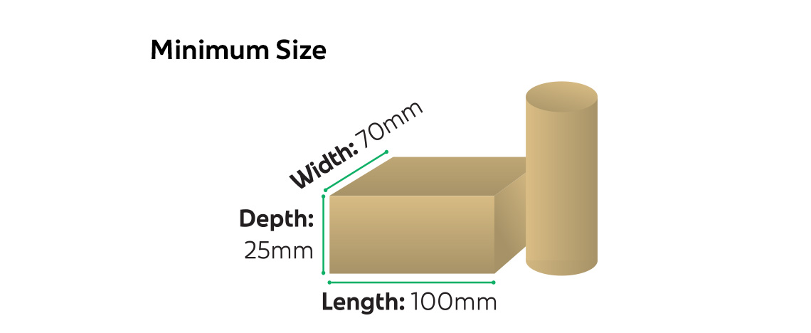 Packet size guide showing the minimum and maximum dimensions accepted.