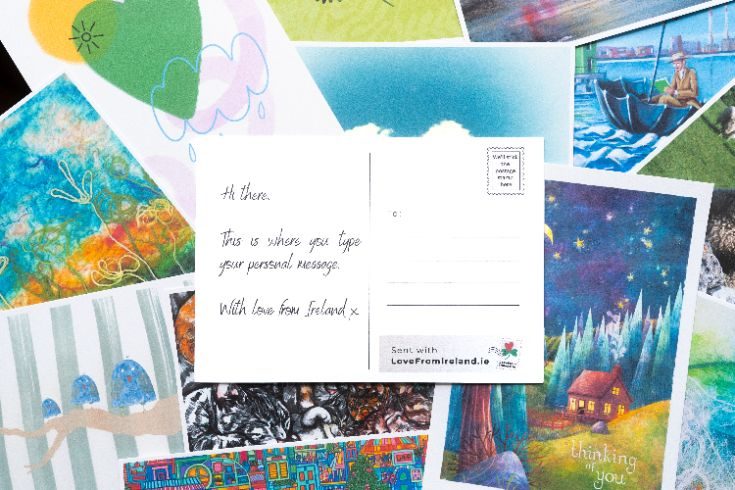 Postcard with a handwritten message layout, surrounded by colourful Irish artwork and illustrations.
