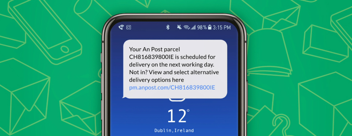 Smartphone with SMS notification from An Post about delivery schedule