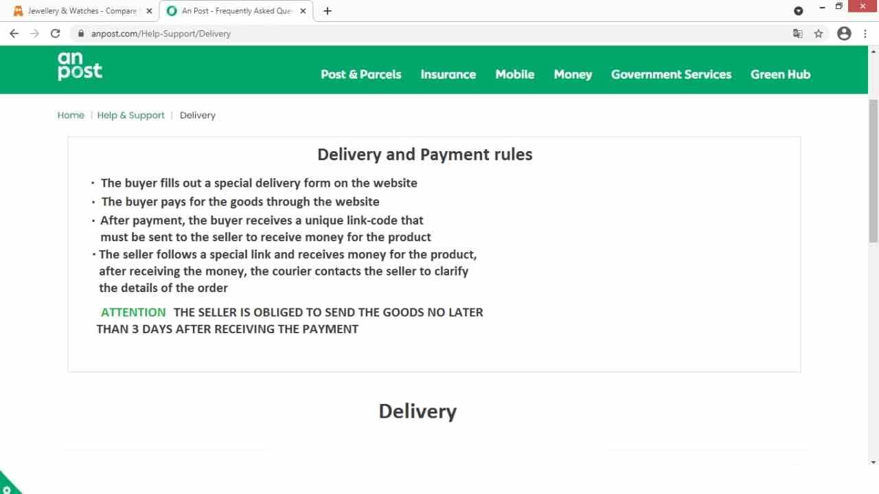 Example of fake An Post reselling website page showing payment and delivery rules